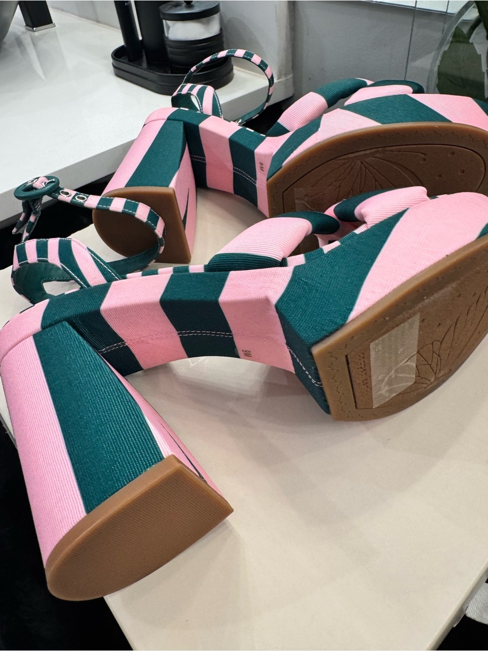 Copper Key Pink and Green Striped Bow Ankle-Strap Heels - Picture 6 of 8